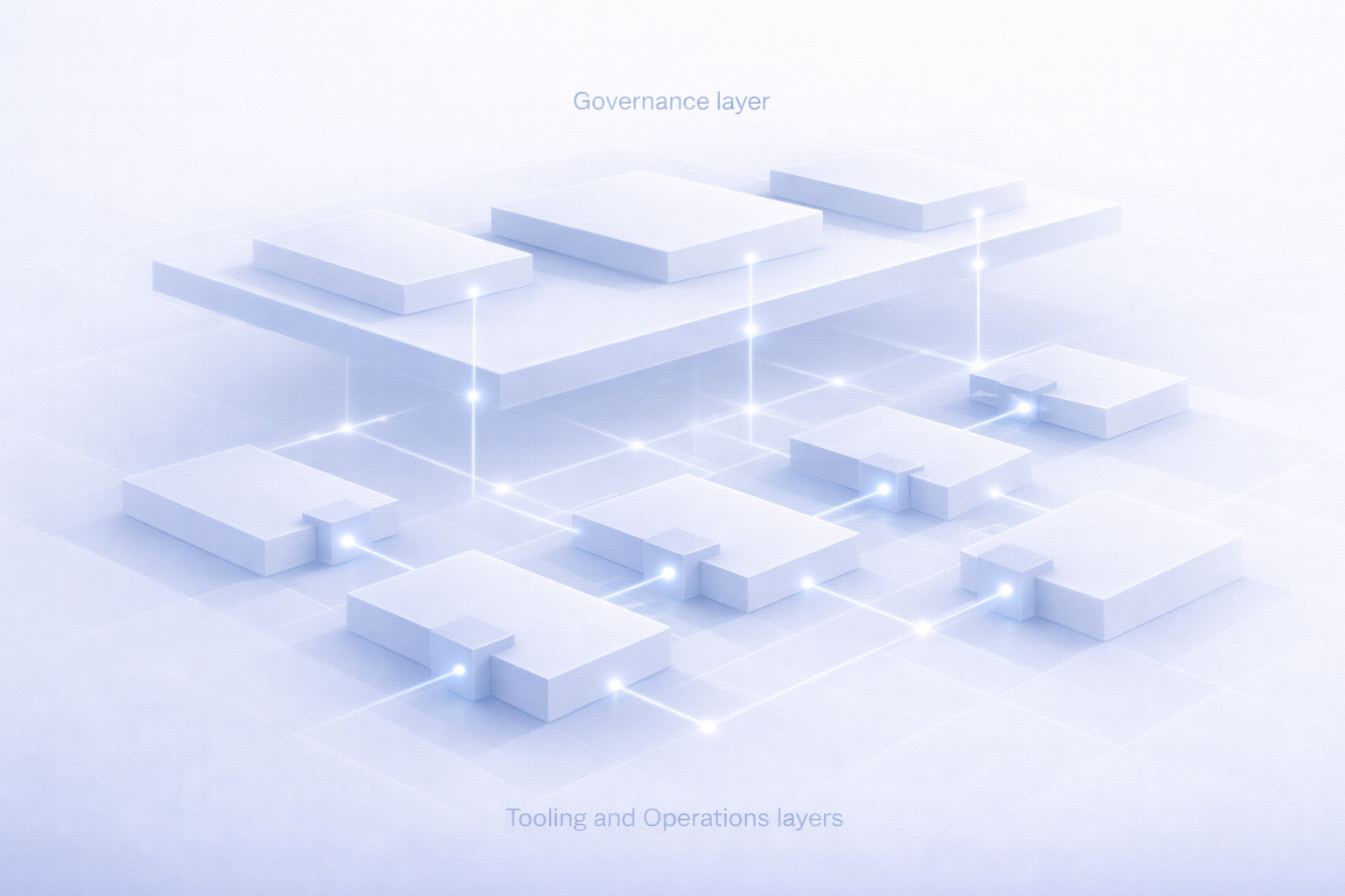 Layered enterprise governance architecture showing oversight modules connected to operational layers in muted blue and white.
