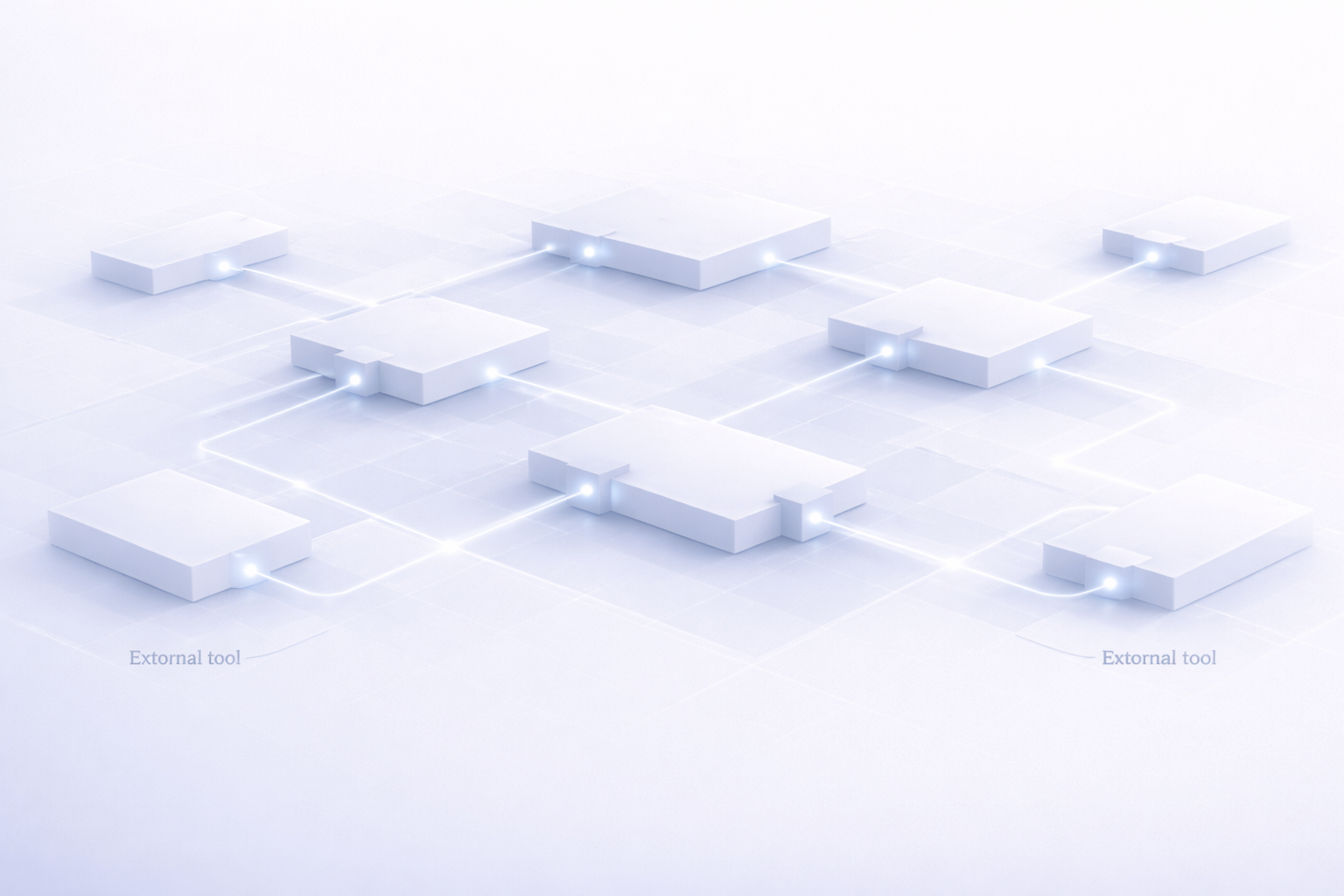Abstract enterprise data pathways connecting internal modules to external AI tool modules with subtle integration points in muted blue and white.