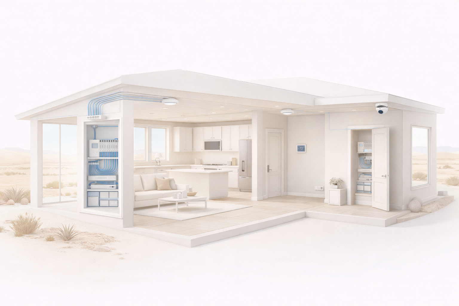 Structured residential infrastructure illustration showing integrated home network and smart systems in a modern Imperial Valley home