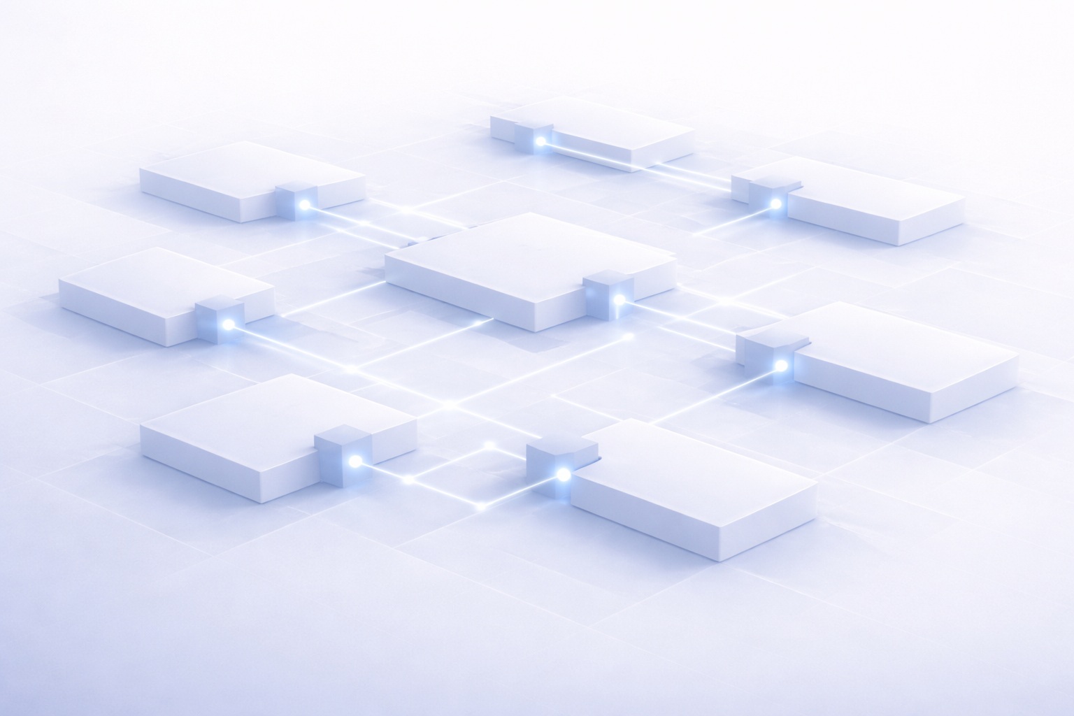 Layered digital infrastructure environment with a central coordination hub and interconnected modules linked through structured governance pathways in a calm blue enterprise style.