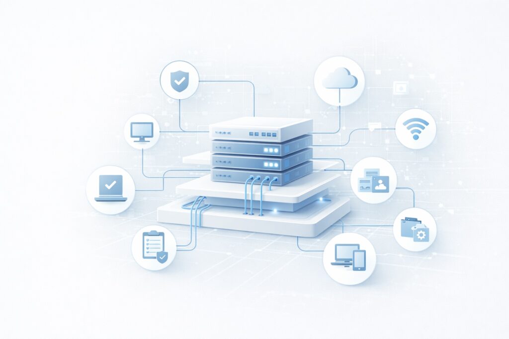 Interconnected IT services ecosystem illustration showing managed IT, cybersecurity, cloud, networking, and infrastructure services connected to a central system.