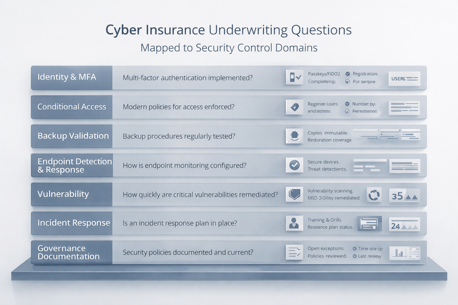 cyber insurance security stack control map showing identity, backup, endpoint, and incident response requirements