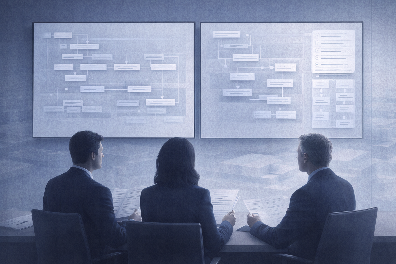IT governance team reviewing structured documentation during incident response planning