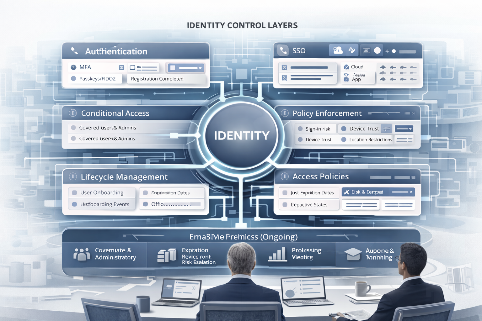 Identity is the new security perimeter shown as a layered control architecture across authentication, access, and privilege