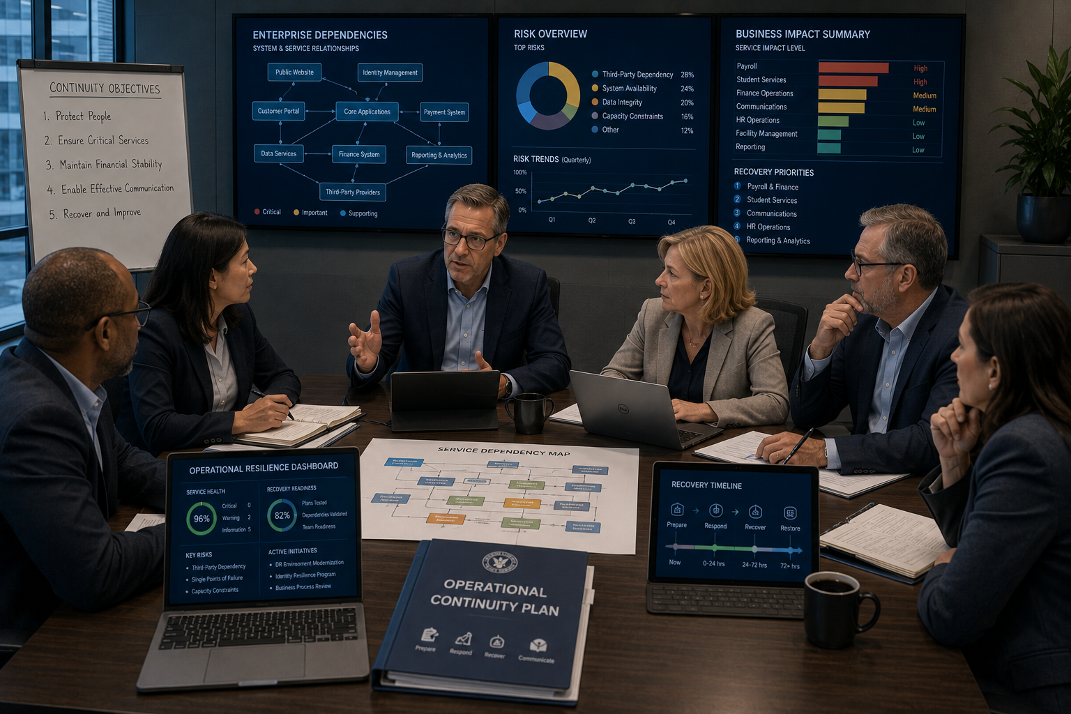 Cloud dependency risk executive leadership team reviewing dependency mapping and operational continuity planning across business systems