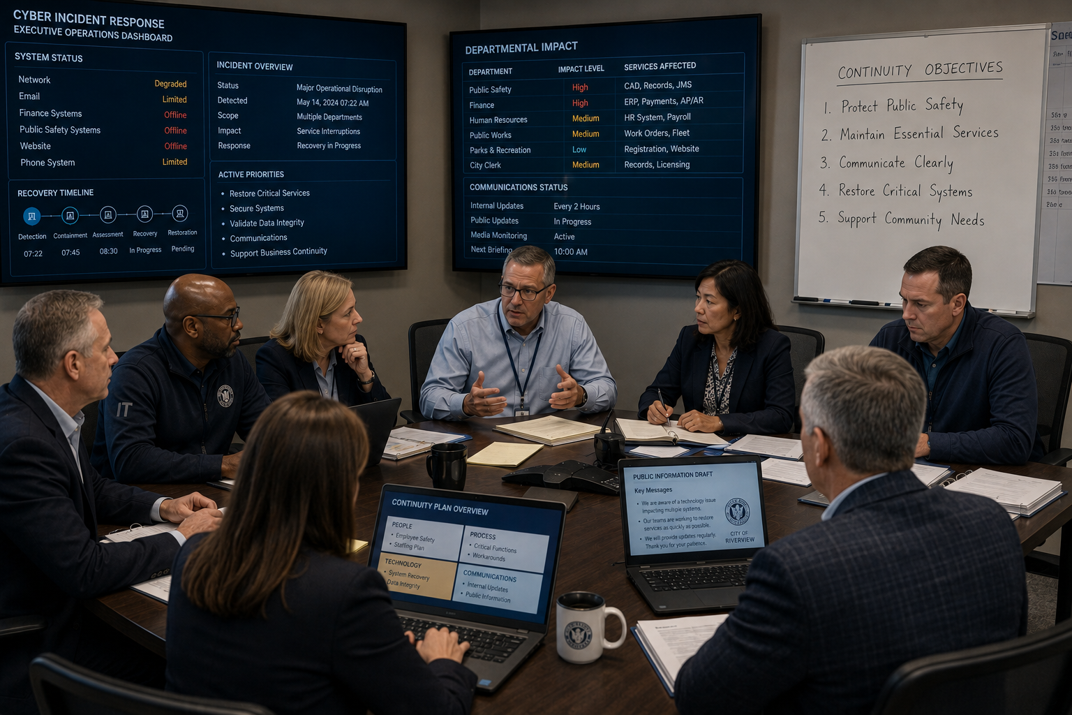 Executive leadership and IT coordination team conducting cybersecurity recovery and operational continuity planning