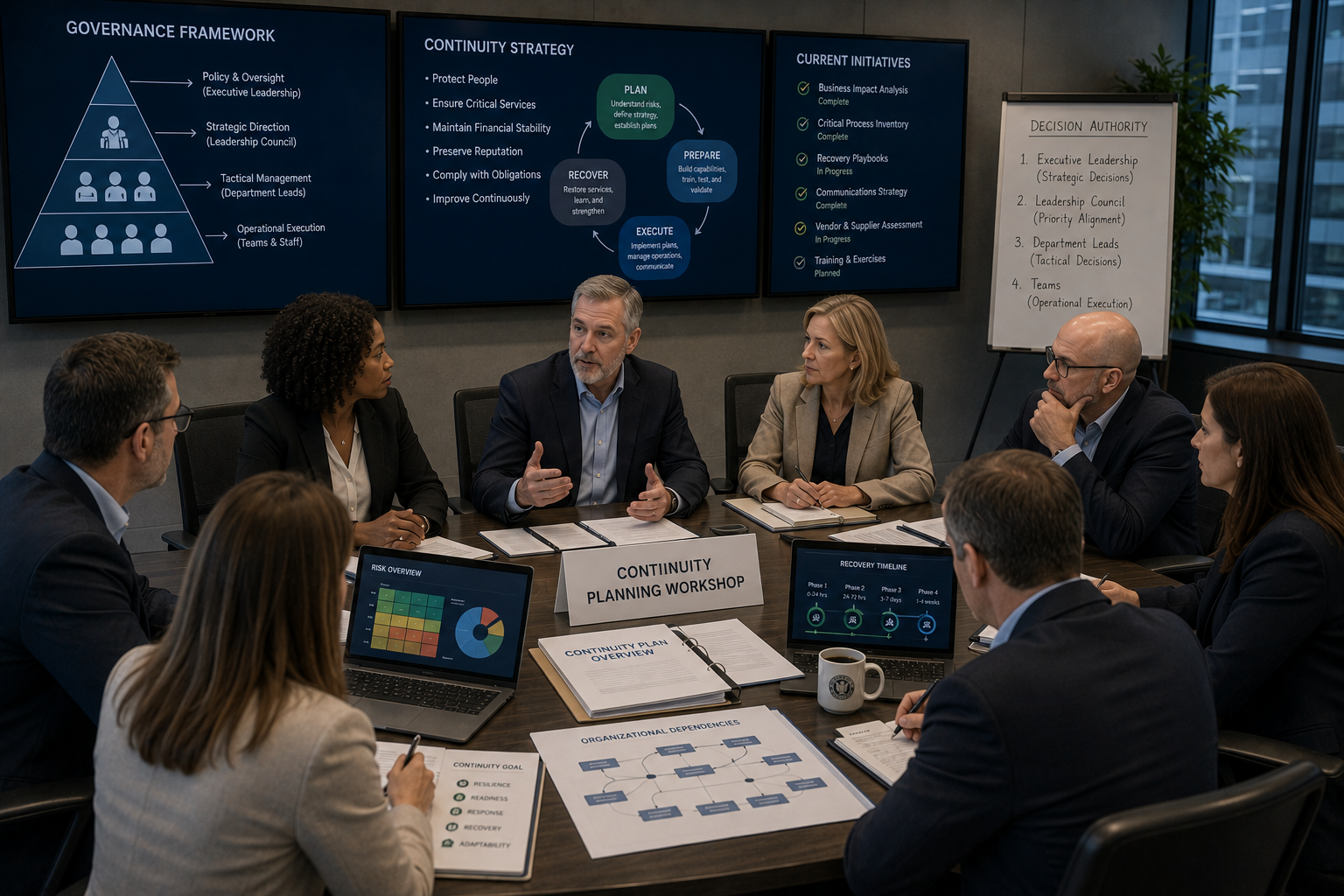 Cross-functional executive team conducting continuity governance and decision authority planning