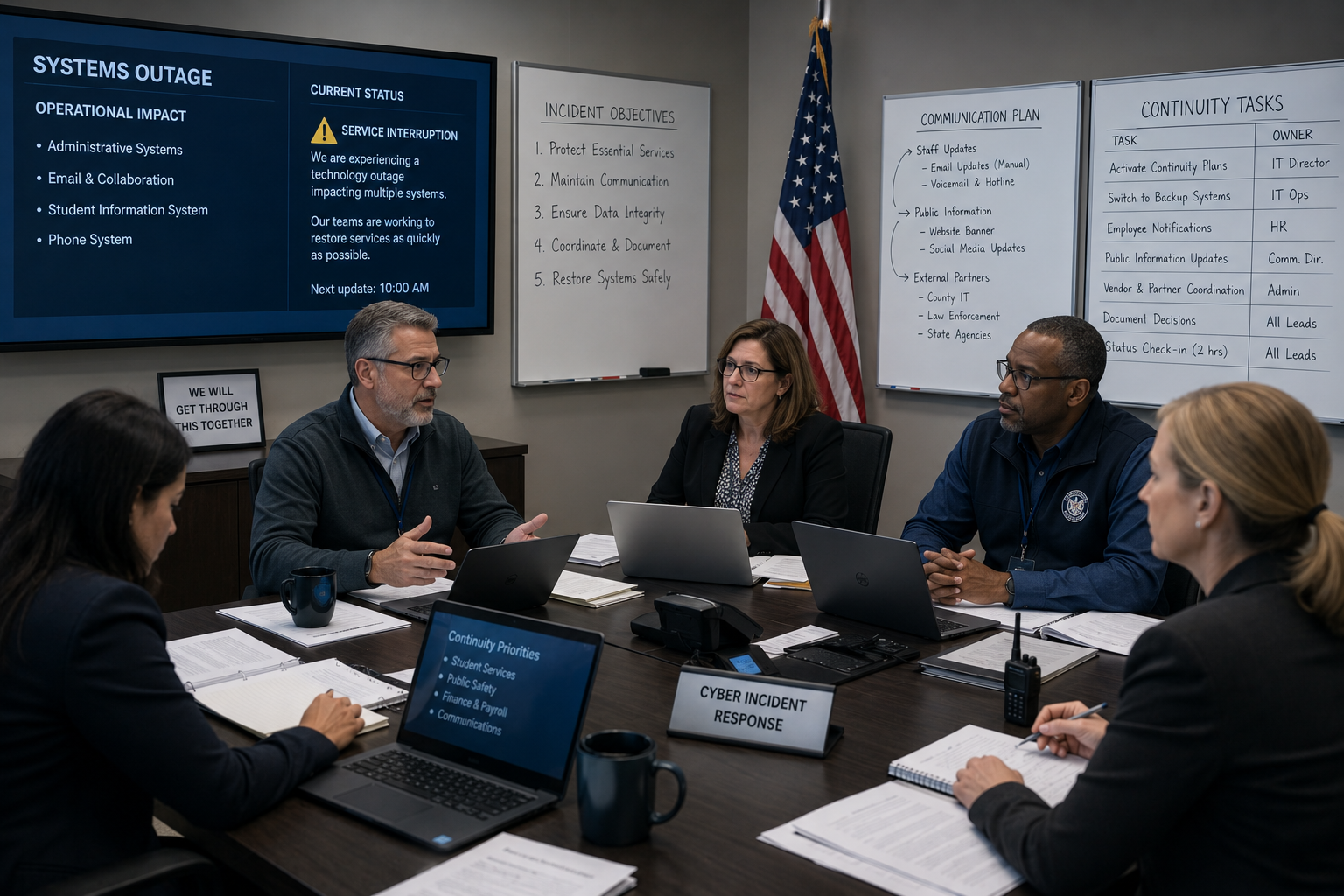College administrative staff coordinating response efforts during a major cyber operational disruption